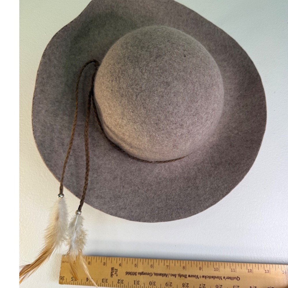 American Eagle Outfitters Wool Felt Floppy Hat Taupe Mushroom Feather One Size - Picture 3 of 12